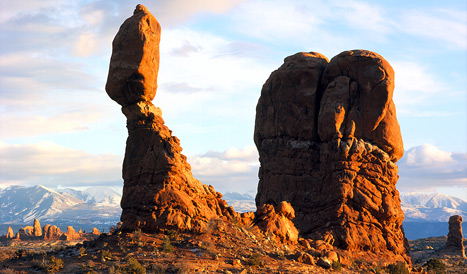 Balanced Rock in Arches National Park and the La Sal Mountains