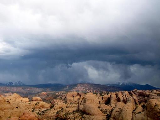 Storm over La Sal Mountains and Sand Flats, Moab